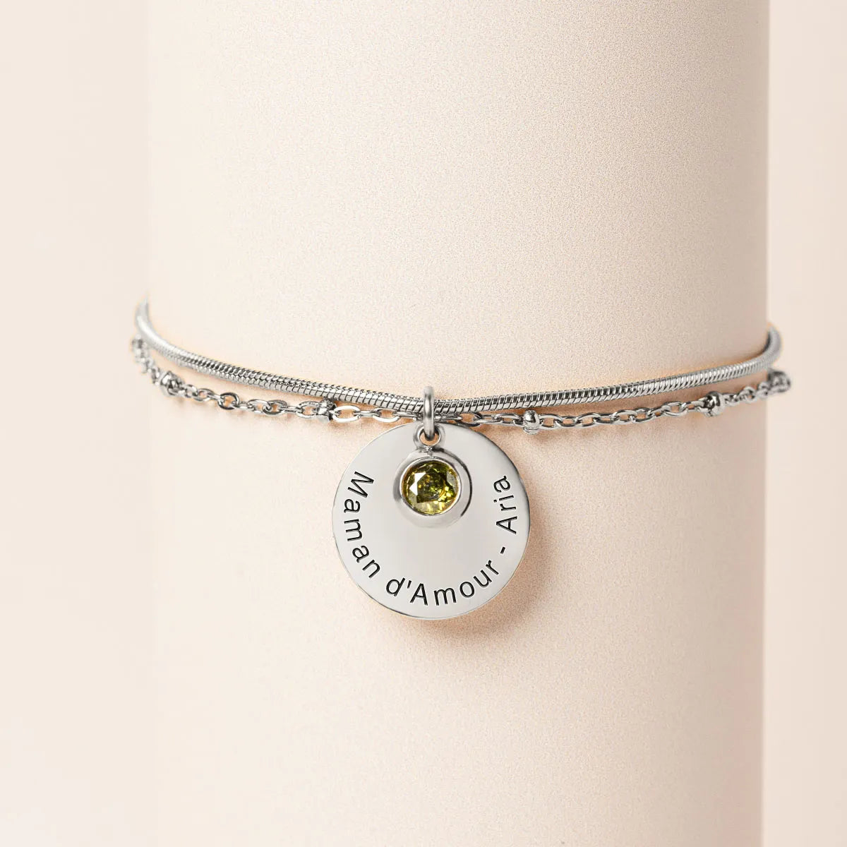 Bracelet double rang médaille et pierre de naissance à personnaliser - Acier