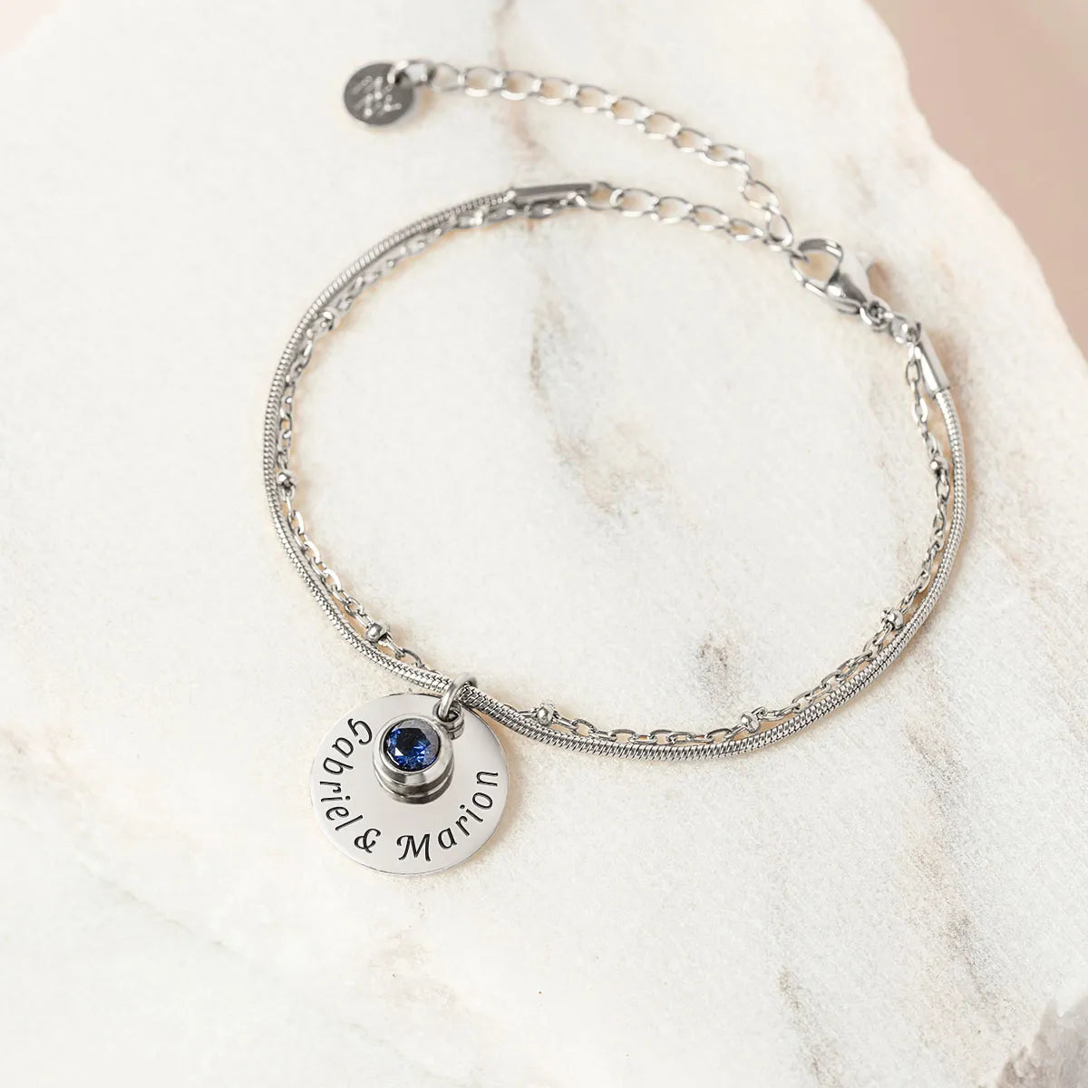 Bracelet double rang médaille et pierre de naissance à personnaliser - Acier