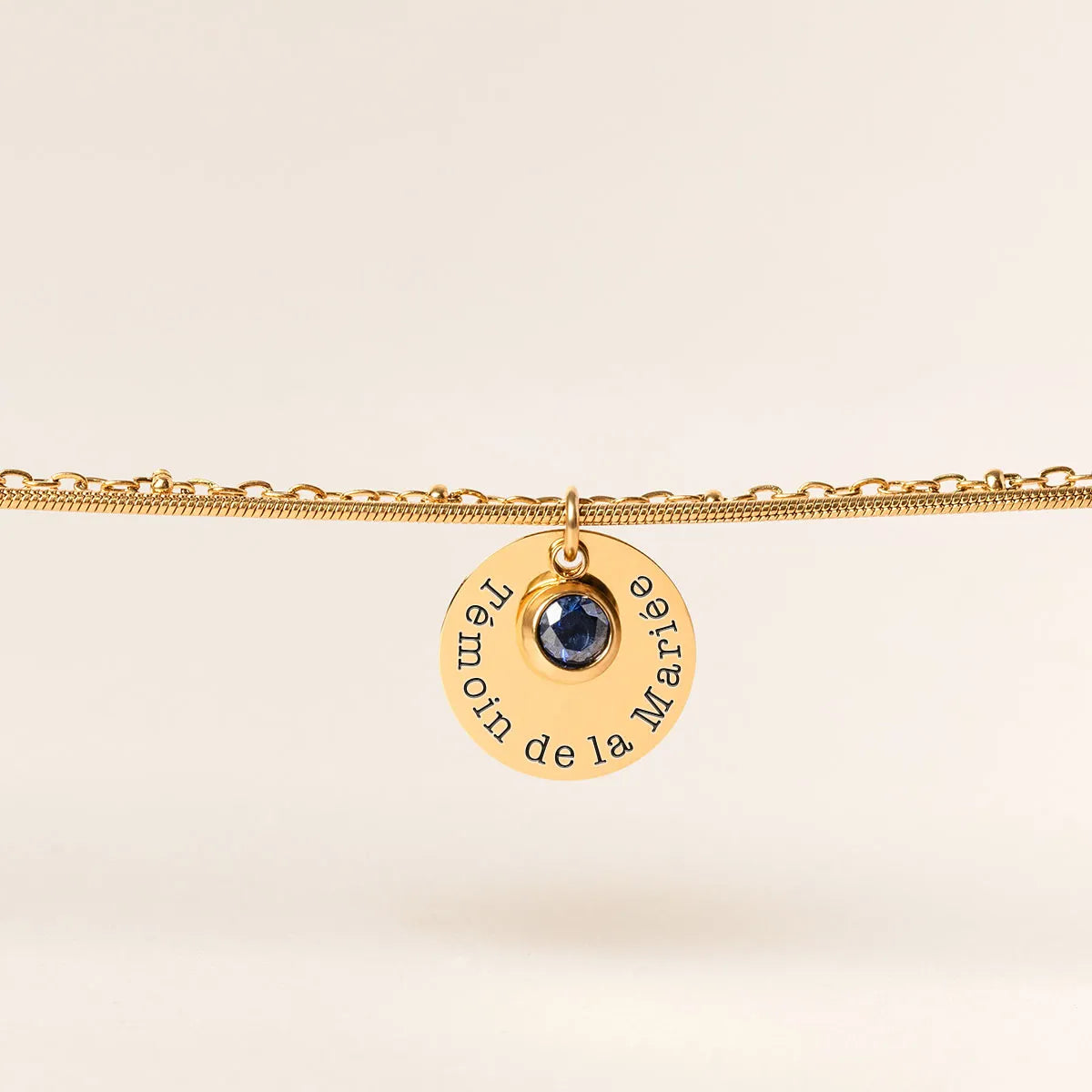 Bracelet double rang médaille et pierre de naissance à personnaliser - Doré