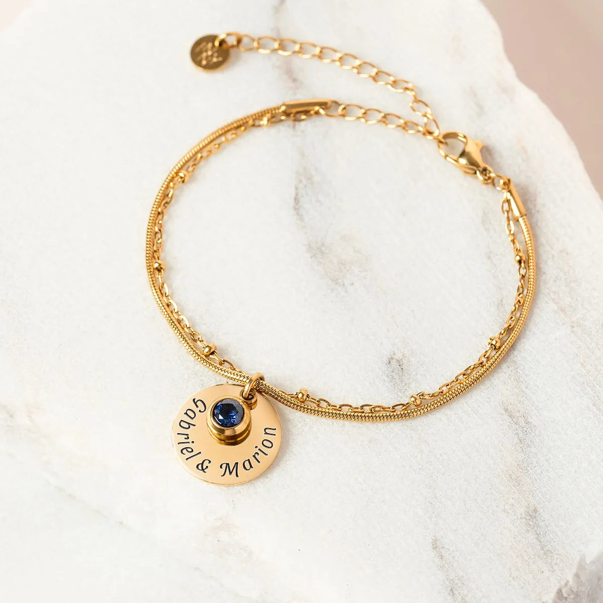 Bracelet double rang médaille et pierre de naissance à personnaliser - Doré
