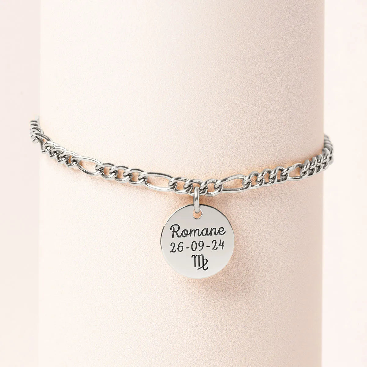 Bracelet chaîne figaro médaille à personnaliser - Acier