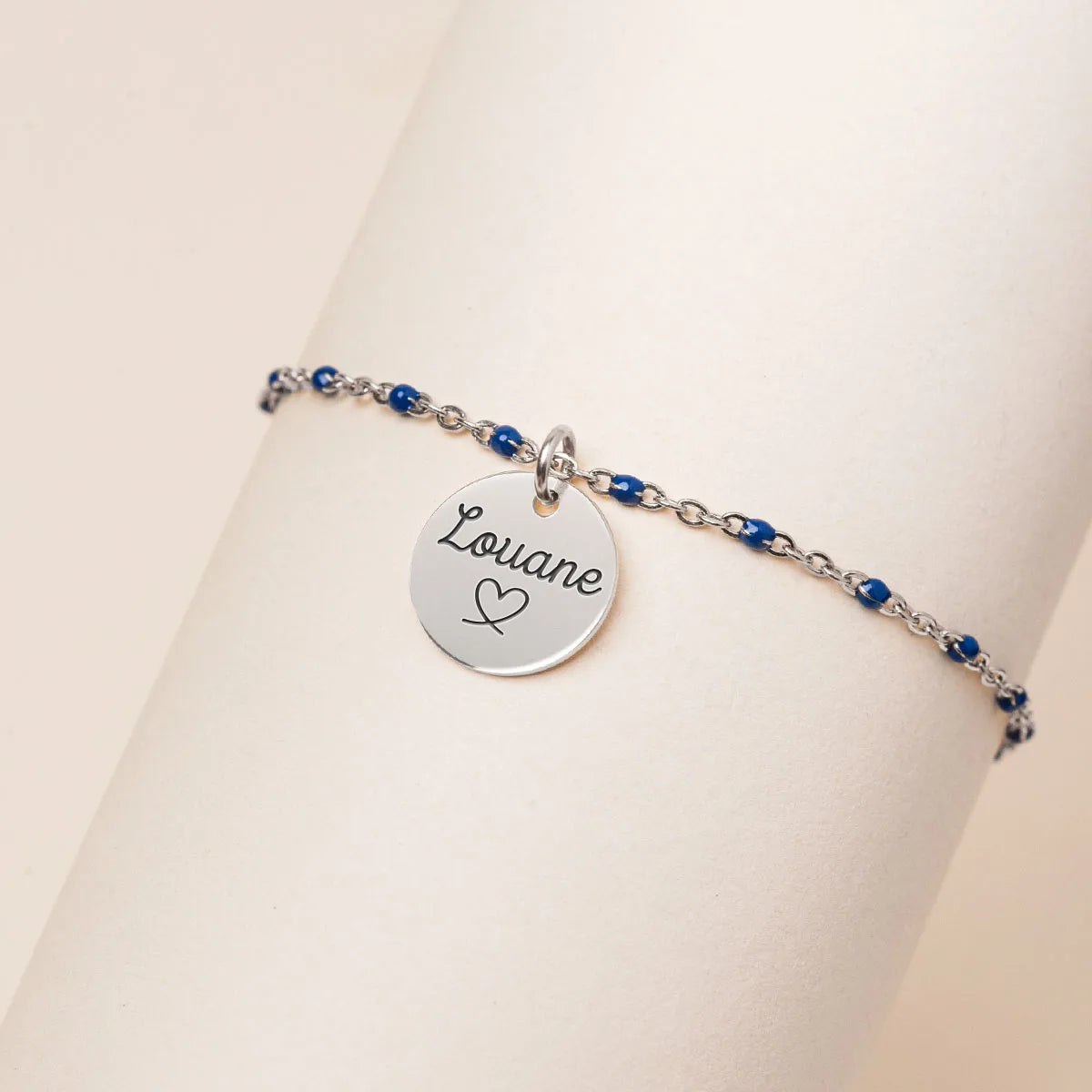 Bracelet chaîne perlée avec médaille à personnaliser - Acier