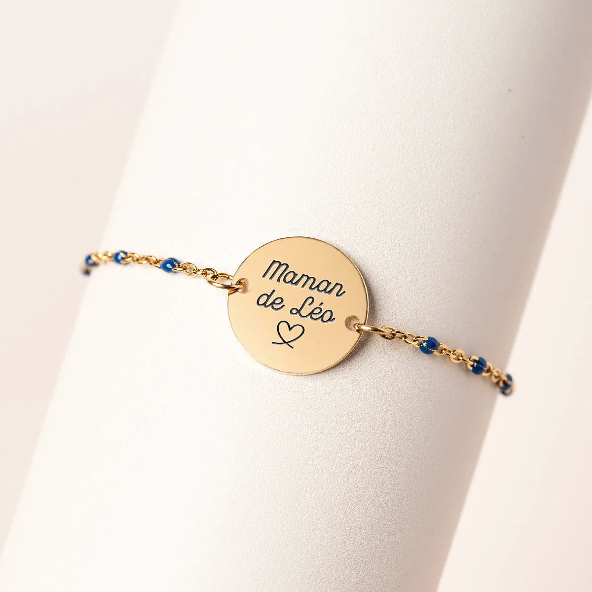 Bracelet perles bleues médaille à personnaliser - Doré