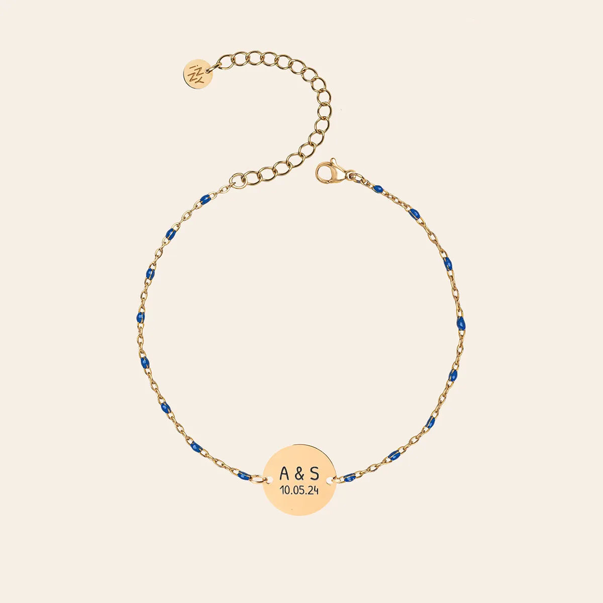Bracelet perles bleues médaille à personnaliser - Doré