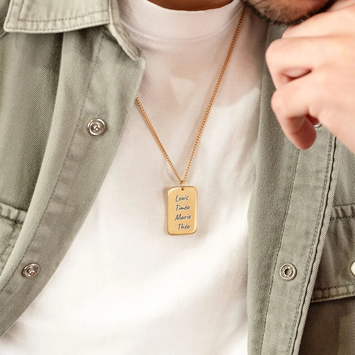 Collier homme plaque militaire rectangulaire à personnaliser - Doré