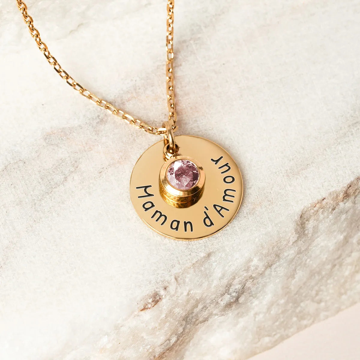 Collier médaille et pierre de naissance à personnaliser - Doré