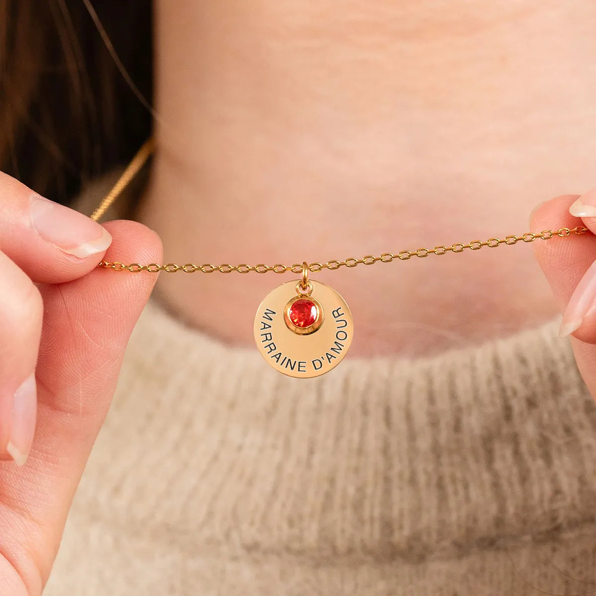 Collier médaille et pierre de naissance à personnaliser - Doré