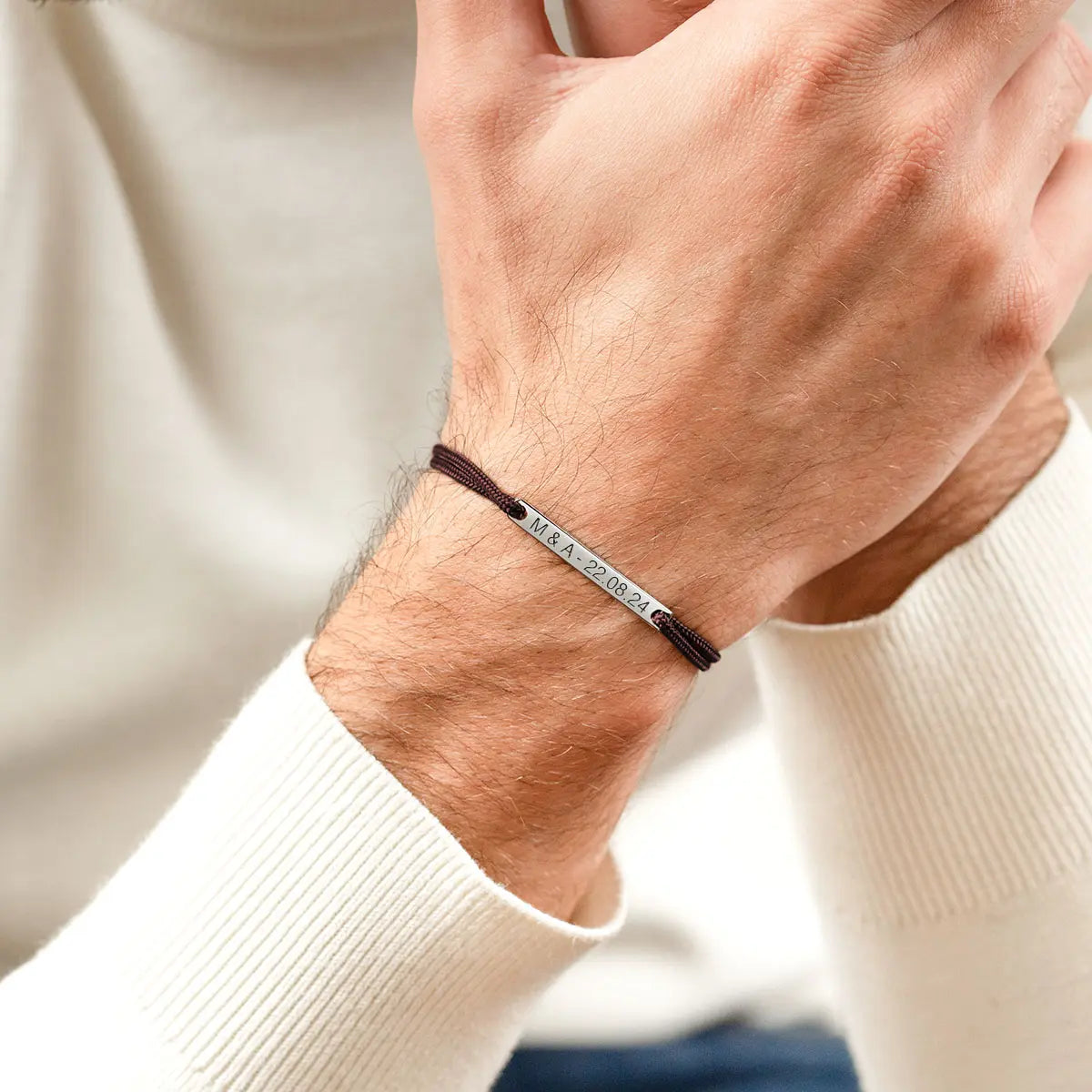 Bracelet cordon barre à personnaliser - Acier