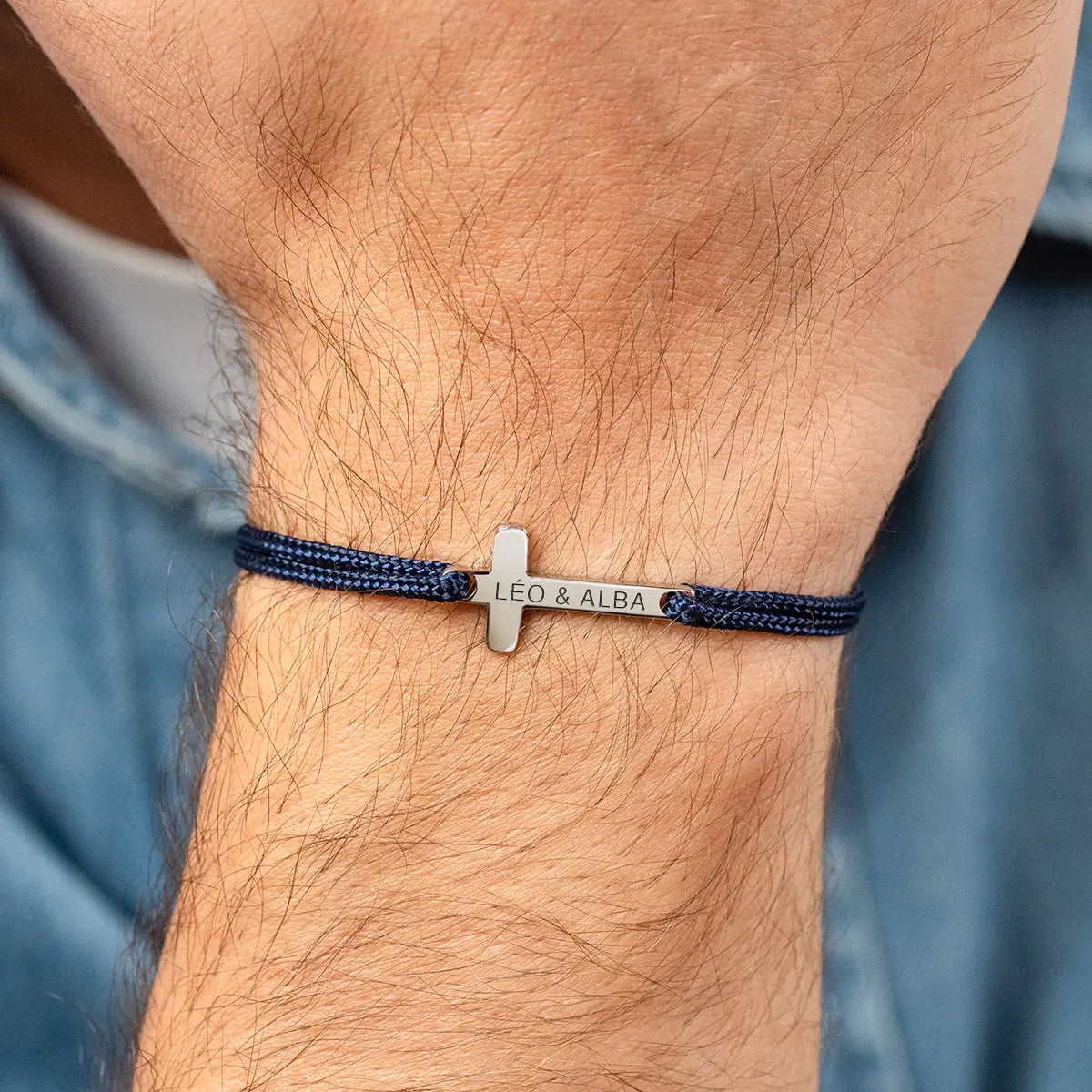 Bracelet croix homme cordon à personnaliser - Acier