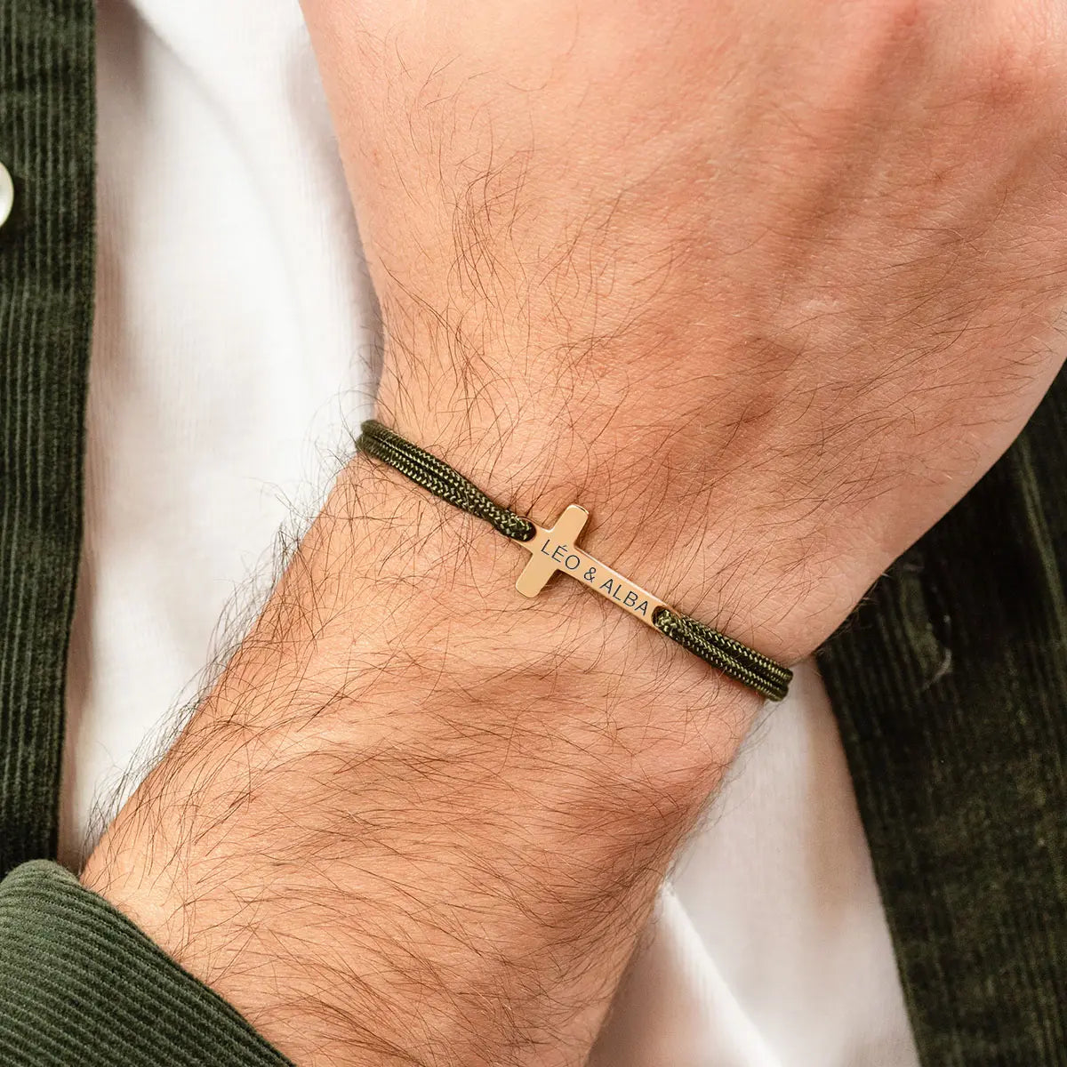 Bracelet croix homme cordon à personnaliser - Doré