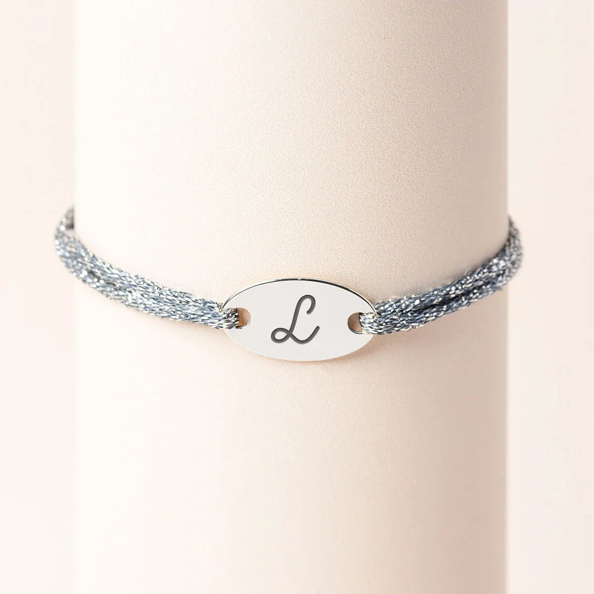 Bracelet femme cordon scintillant médaille ovale à personnaliser - Acier