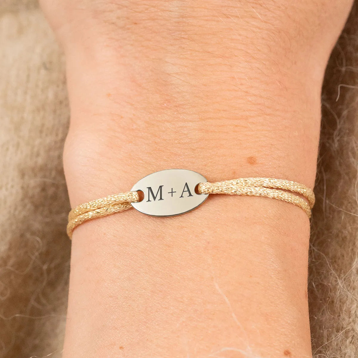 Bracelet femme cordon scintillant médaille ovale à personnaliser - Acier