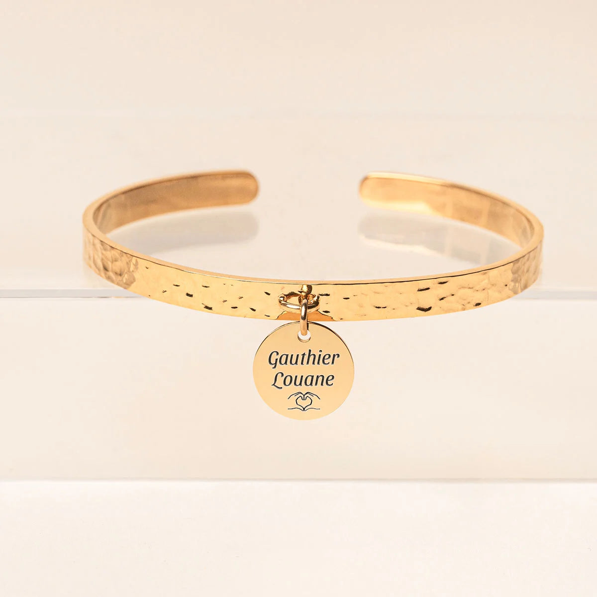 Bracelet jonc martelé médaille à personnaliser - Doré