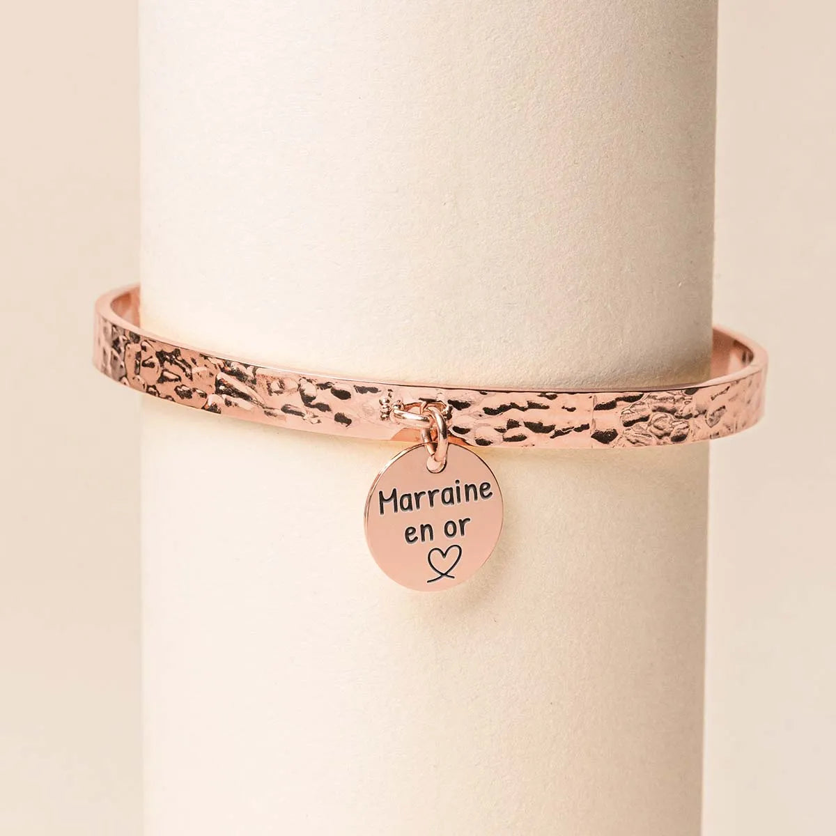 Bracelet jonc martelé médaille à personnaliser - Rose doré